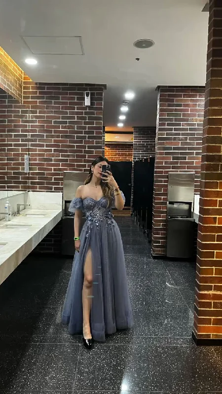 Savings Bonanza classic fit-and-flare dressGrey Off Shoulder Appliques Tulle A-Line Long Formal Prom Dress DP3863