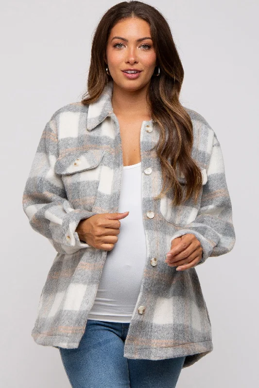 Grand Opening Sale casual utility jacketHeather Grey Plaid Fuzzy Button Up Maternity Jacket