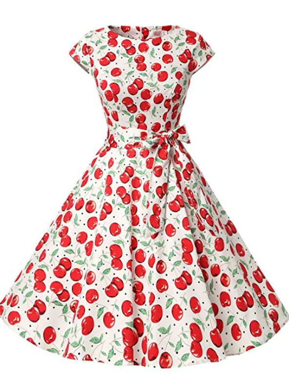 Deal Alert White Cap Sleeve Cherry Print Vintage Dress