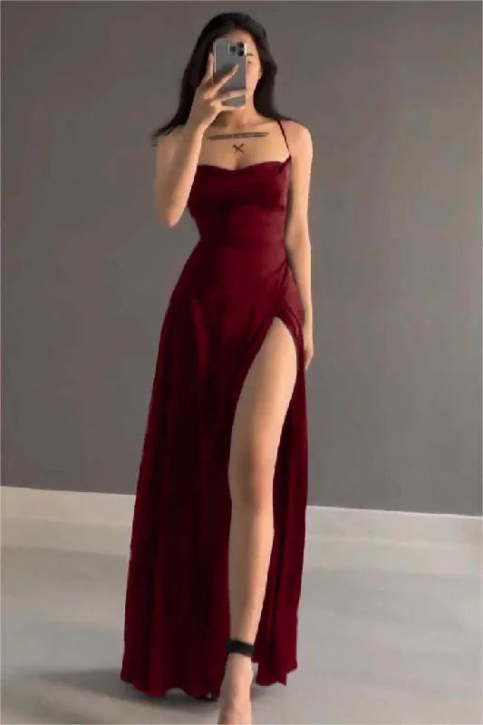 Today’s Deal draped dressBurgundy Straps A-Line Satin Long Party Dress with Split, DP4134
