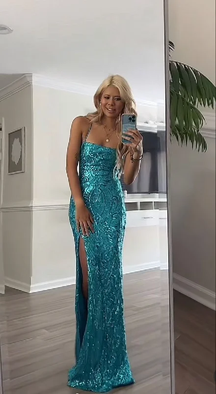 Price Smash one-shoulder dressElegant Blue Sequins Straps Mermaid Long Formal Prom Dress DP3864