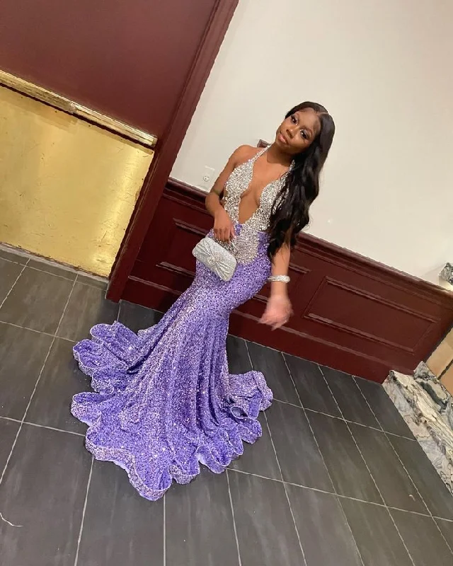 Deal Dash draped dressPurple Halter Beads Sequins Mermaid Black Girl Long Evening Gown, DP4110