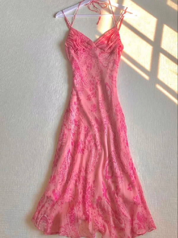 Unmissable Offer layered dressPink Halter Straps Printed Chiffon Long Party Dress, DP4082