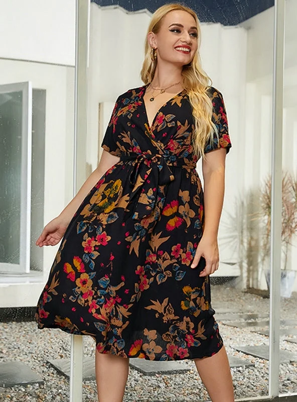 Savings Bonanza V-neck Lace-up Short Sleeve Printed Dress