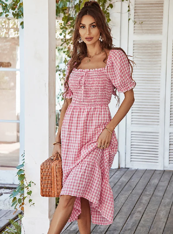 Extra Savings Plaid French Square Collar Dress