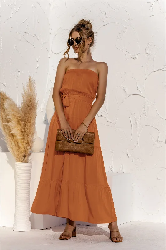 While Supplies Last denim dressFree Falling Strapless Tiered Maxi Dress - Golden Yellow
