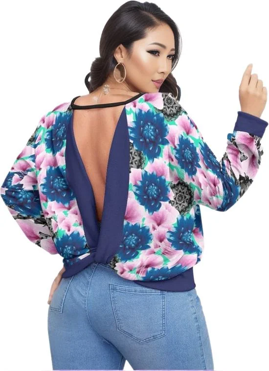 Hurry In cool activewear hoodieFloral Realm Womens Backless Sweatshirt Voluptuous (+) Plus Size