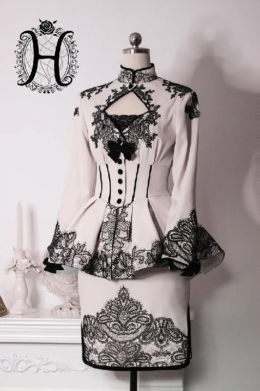 creamy white with black lace coat