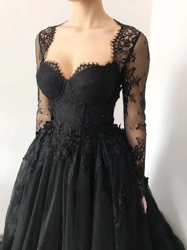 Super Bargain long-sleeve floral dressBlack gothic corset wedding 3D lace floral tulle dress, alternative bride dress,DS9579 Super Bargain long-sleeve floral dressBlack gothic corset wedding 3D lace floral tulle dress, alternative bride dress,DS9579