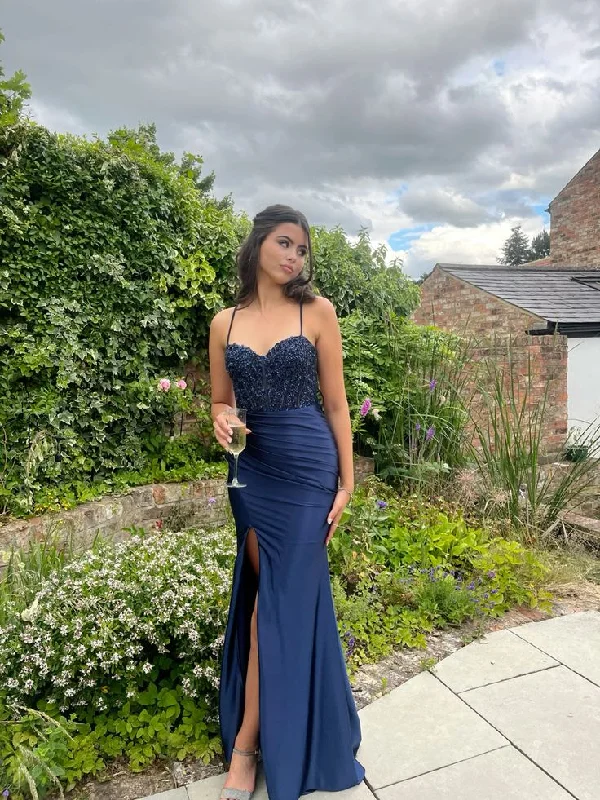 Special Price chic shift dressNavy Blue Spaghetti Straps Appliques Satin Long Prom Dress DP3883