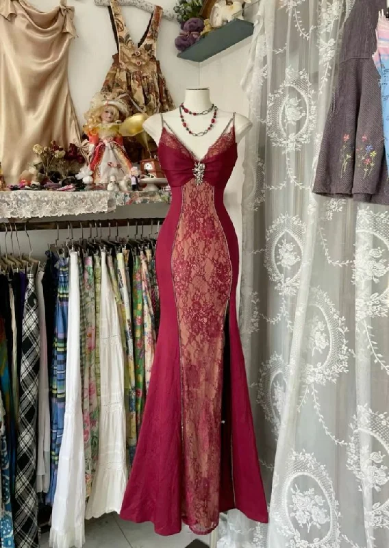 Members Only vintage dressWine Red Straps Lace Satin Mermaid Long Evening Party Dress DP3876