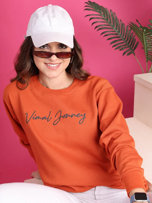Bargain Prices fitted workout hoodieVimaL Jonney Regular Fit Orange Printed Sweatshirt For Women