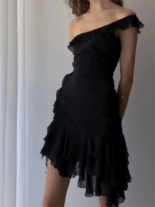 Special Savings velvet dressBlack One Shoulder Sheath Ruffles Short Party Dress Hoco Dress, DP2994
