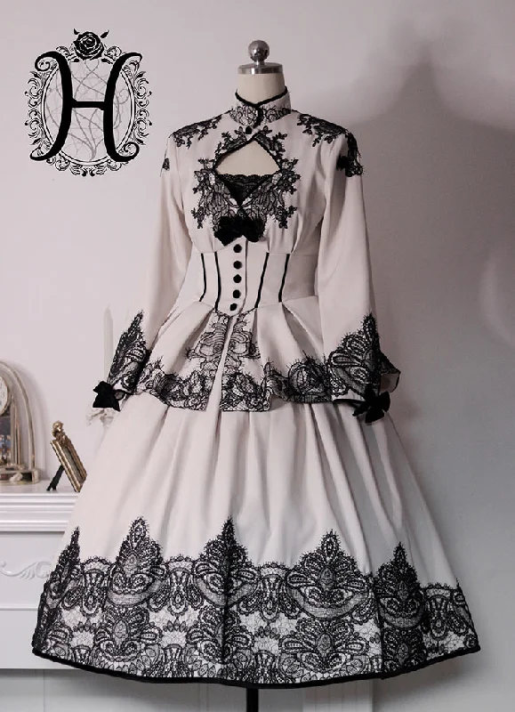 creamy white with black lace coat+big skirt