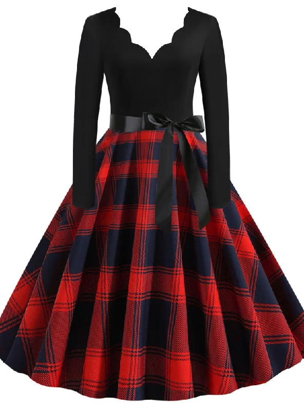 Big Discounts V-neck Chequer Print Long Sleeves Dress