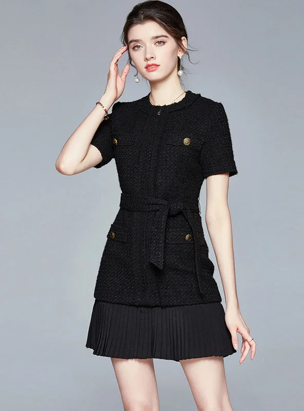 Don't Wait Tweed Waist Short Sleeve Pleated Dress
