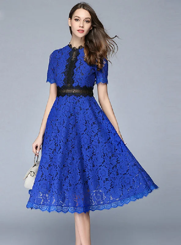 Limited Availability Patch Hollow Out Lace Big Hem Midi Length Party Dress