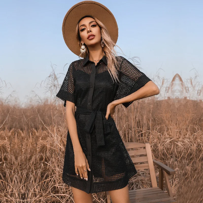 Super Sale trendy wrap dressKittenAlarm - Fashion lace black solid color mesh see-through dress