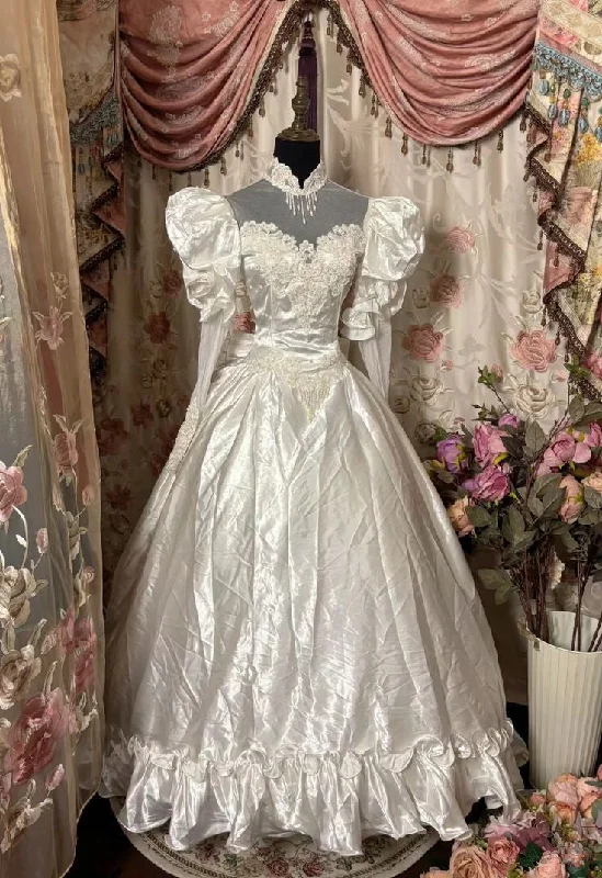 Super Sale boho dressWhite High Neck Long Sleeves A-Line Satin Retro Wedding Dress, DP4262