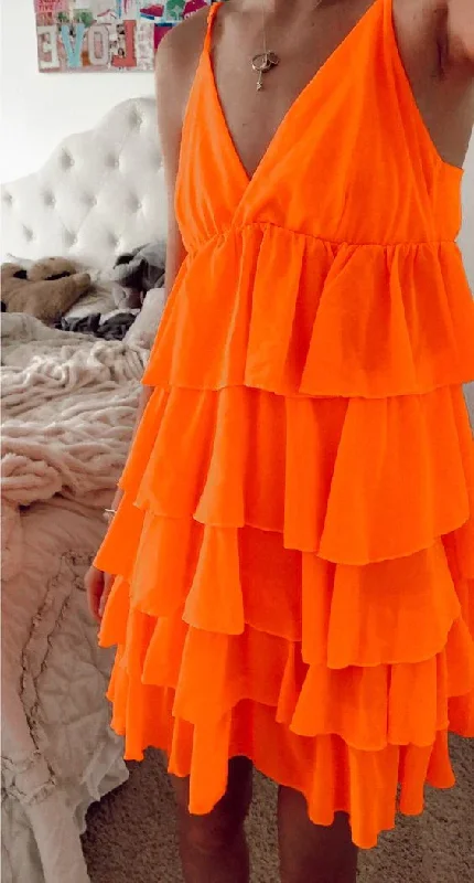 Quick Sale boho-chic dressOrange V Neck Straps Layered Short Homecoming Dress, DP2888
