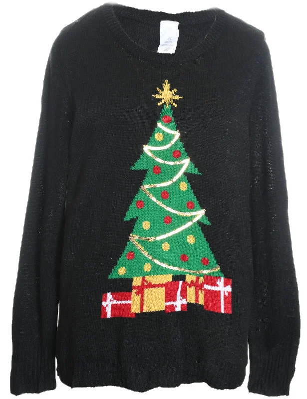 New Arrival casual sports coatChristmas Tree Design Black Knit Jumper - XL