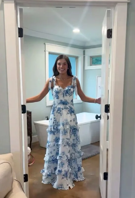 Discount Mania textured dressLovely Blue Floral Printed A-Line Satin Long Formal Party Dress DP3980