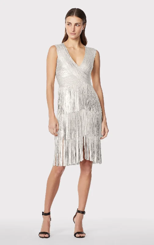 Daily Deals casual evening dressV NECK FOIL FRINGED MIDI DRESS