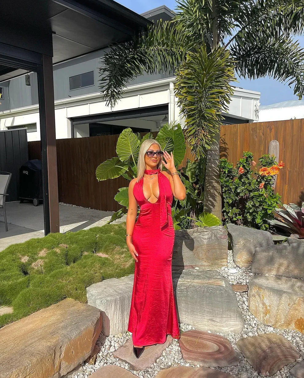 Price Meltdown stylish dressSexy Red Halter V Neck Sheath Satin Long Party Dress, DP4260