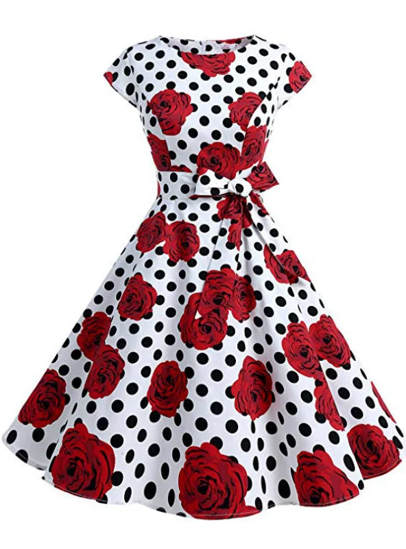 Bargain Prices White Point Red Flower Vintage Dress