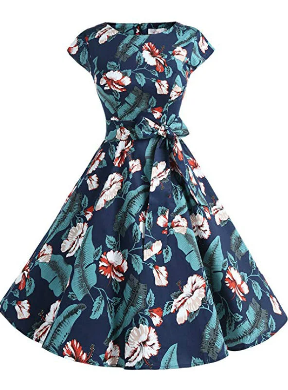 Savings Bonanza Blue Print Cap Sleeve Short Vintage Dress