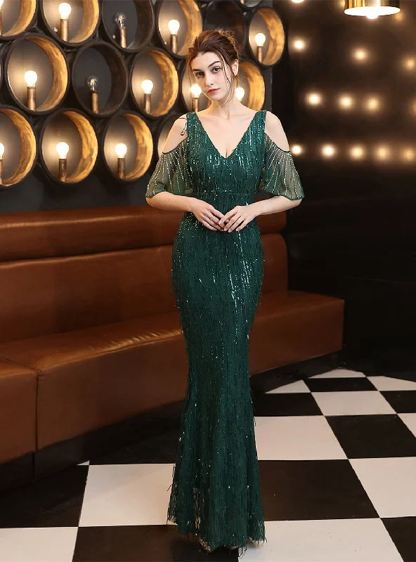 Closeout Fringed Sequined Fishtail Evening Dress