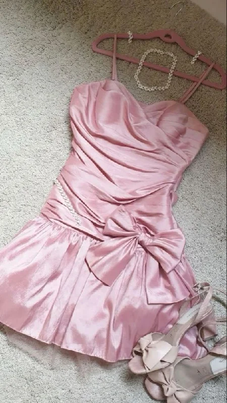 Year-End Sale sophisticated dressPink Straps Bowknot Lovely Short Birthday Dress Homecoming Dress, DP3194