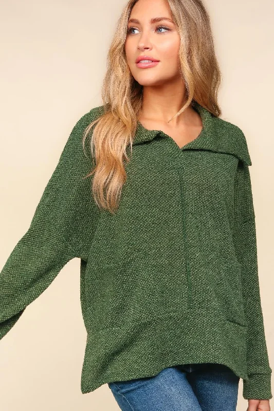 Huge Discounts premium coatPLUS OLIVE COLLARED NOTCH NECK OVERSIZED SWEATER KNIT TOP