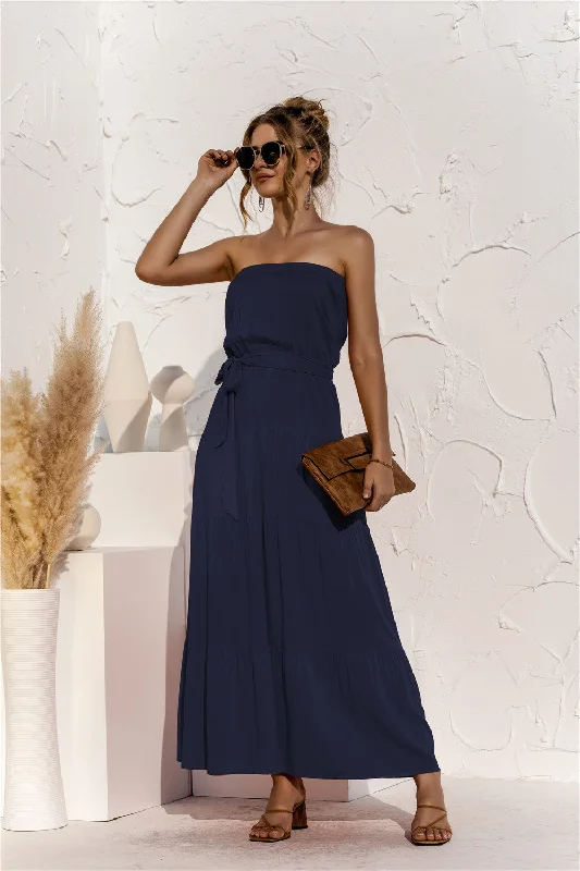 Clearance Sale floral dressFree Falling Strapless Tiered Maxi Dress - Deep Navy