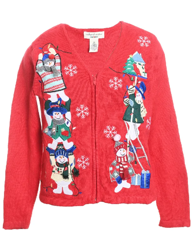 Steals and Deals warm outerwearSnowman Design Red Appliqued Christmas Cardigan - S
