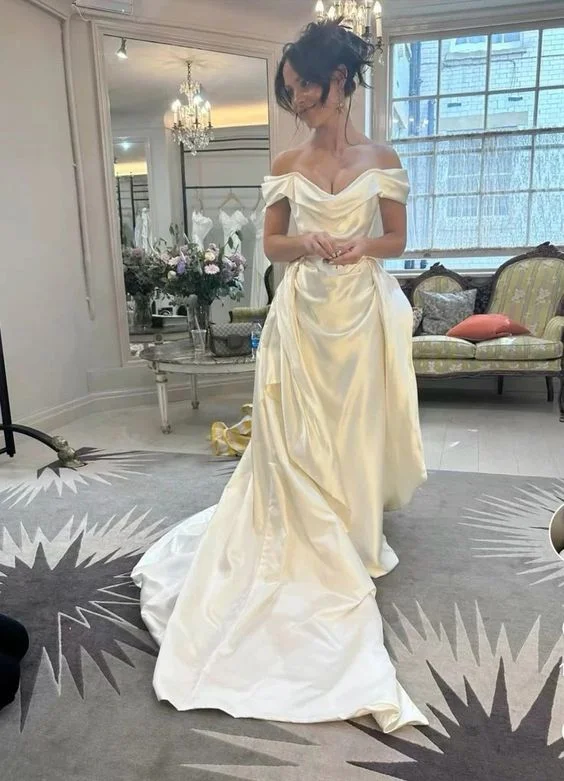 Members Only playful dressWhite Off Shoulder A-Line Long Prom Dress Wedding Dress, DP2926