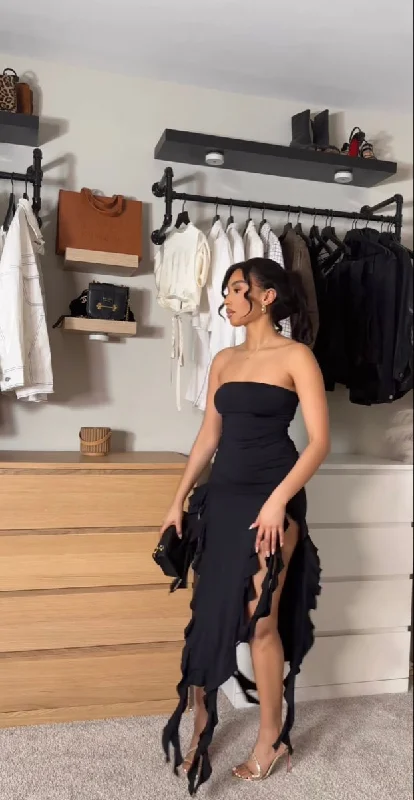 Year-End Clearance cocktail dressBlack Strapless Sheath Ruffles Long Party Dress Wedding Guest Dress, DP4426 Year-End Clearance cocktail dressBlack Strapless Sheath Ruffles Long Party Dress Wedding Guest Dress, DP4426