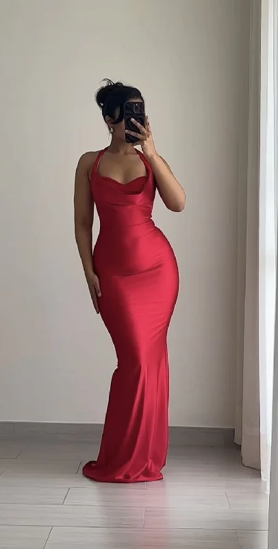 Today Only chic dressSexy Red Halter Mermaid Satin Long Evening Party Dress, DP4132