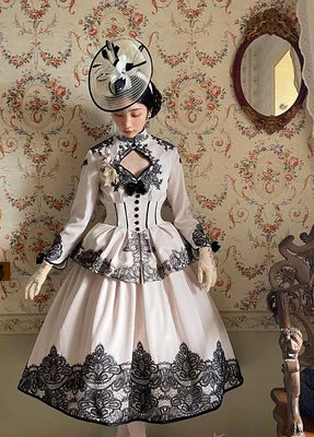 creamy with black lace big skirt