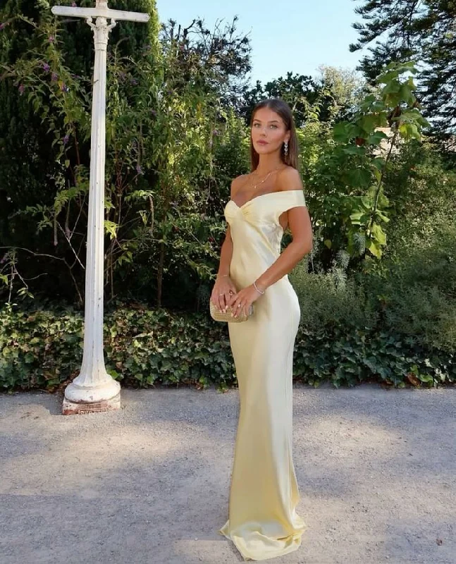 Limited Edition sleek midi dressLight Yellow Off Shoulder Sheath Satin Long Party Dress Wedding Guest Dress, DP4420 Limited Edition sleek midi dressLight Yellow Off Shoulder Sheath Satin Long Party Dress Wedding Guest Dress, DP4420