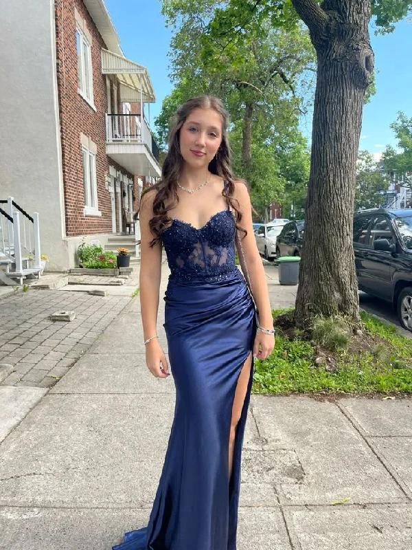 Stock Clearance form-fitting dressNavy Blue Spaghetti Straps Appliques Satin Long Prom Dress DP3882