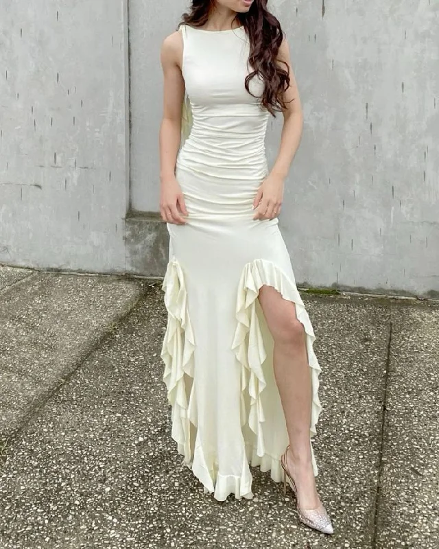 Exclusive Deal satin dressIvory Sleeveless Sheath Ruffles Long Party Dress Fashion Date Dress, DP4425 Exclusive Deal satin dressIvory Sleeveless Sheath Ruffles Long Party Dress Fashion Date Dress, DP4425