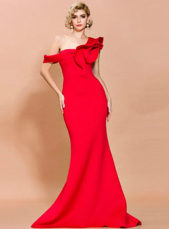 Savings Spectacular Women Long Red Mermaid One Shoulder Party Dress