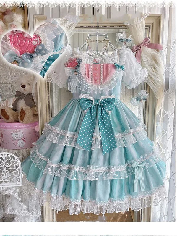 Closeout chic wrap dressRed Maria~Sweet Lolita Kawaii Melon Green Flounce Dress