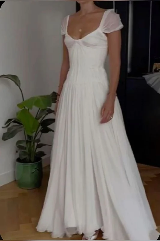Price Break flowy maxi dressWhite Pleated A-Line Party Dress Light Wedding Dress, DP2704