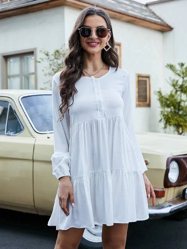 Exclusive Deal elegant dressKittenAlarm - Lantern Sleeve Button Front Ruffle Hem Dress