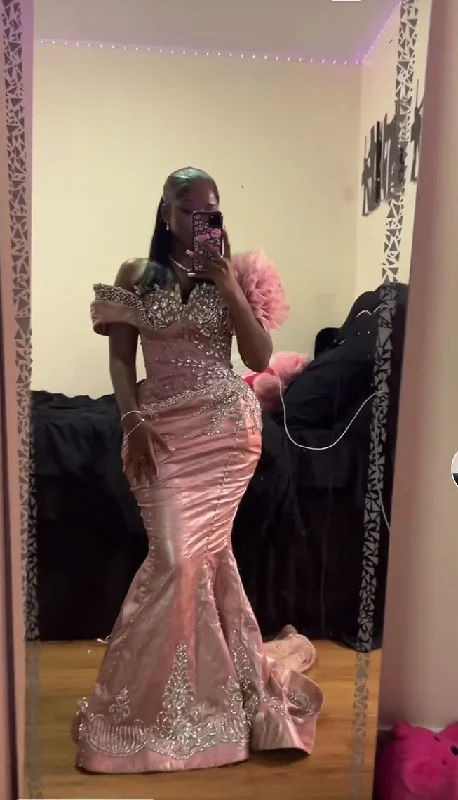 The Best Prices floral midi dressGorgeous Pink Off Shoulder Beading Mermaid Black Girl Long Evening Party Dress DP3952