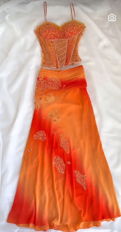 Super Sale oversized dressOrange 2 Pieces Straps Lace Chiffon Chic Long Party Dress, DP4084