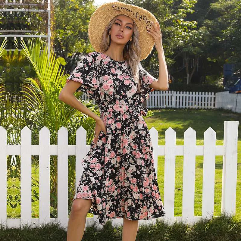 Deal Dash elegant maxi dressKittenAlarm - Allover Floral Butterfly Sleeve Belted Pleated Dress