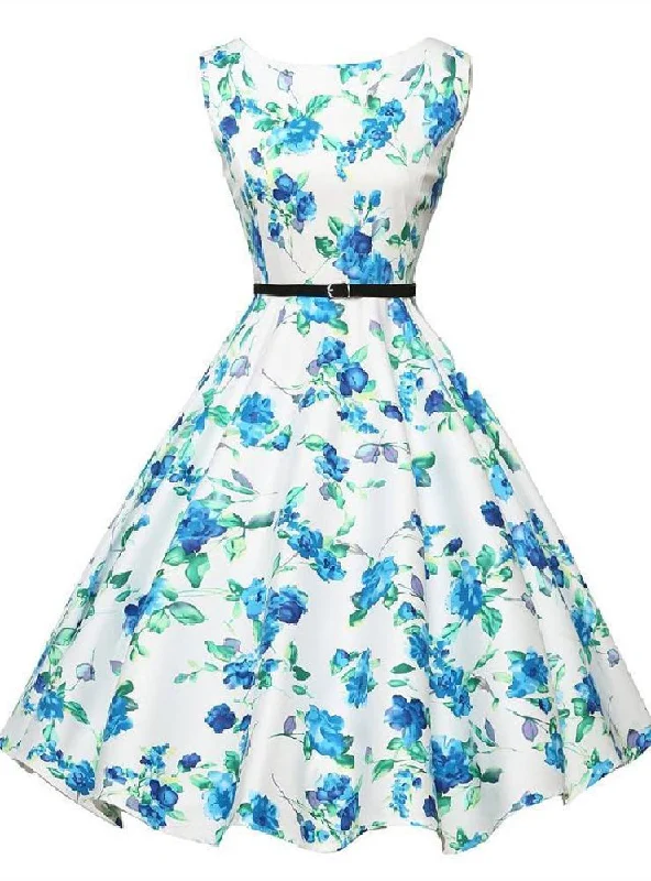 Hurry In Retro Blue Print Big Swing Dress